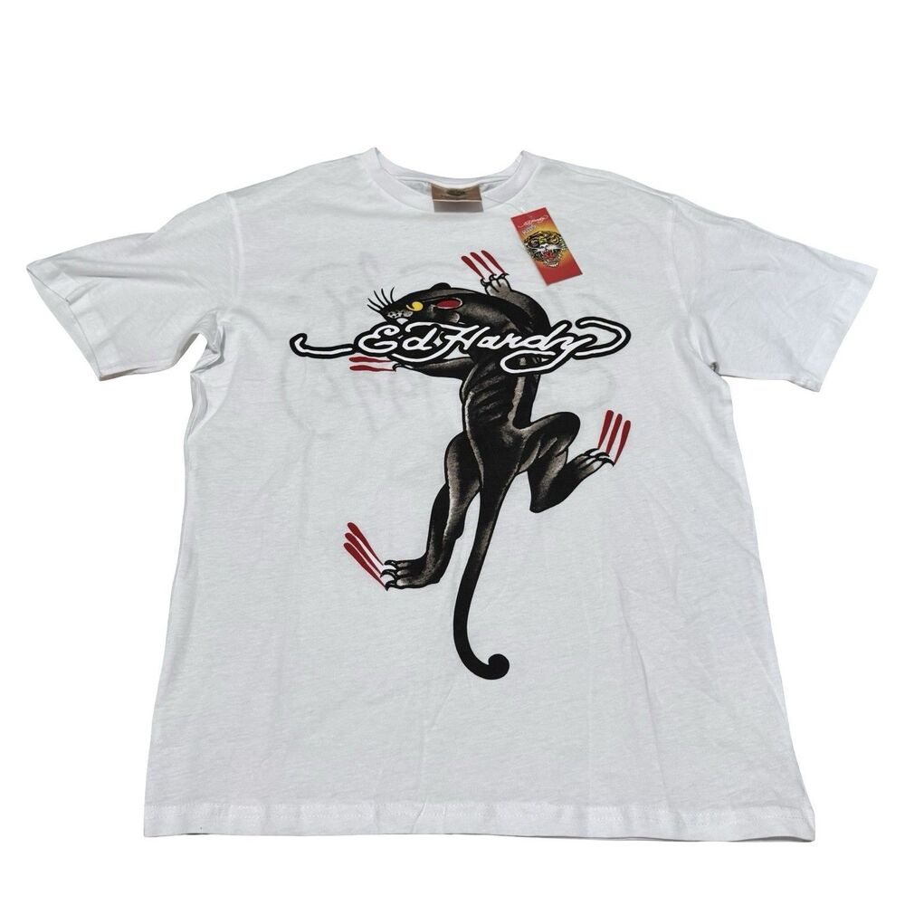 NWT ED HARDY White Black PantherShort Sleeve T SHIRT KIDS XLarge Back Design Too